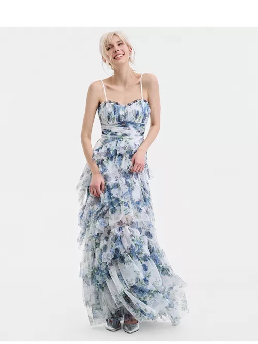 Pear Culture Floral Tiered Spaghetti-Strap Maxi Dress - Blue Floral Sz 7/8 nwt